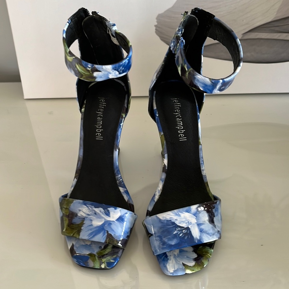Jeffery Campbell blue floral and white patent pumps